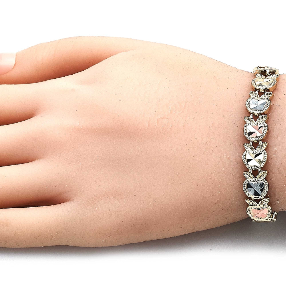 Oro Laminado Fancy Bracelet, Gold Filled Style Apple Design, Diamond Cutting Finish, Tricolor