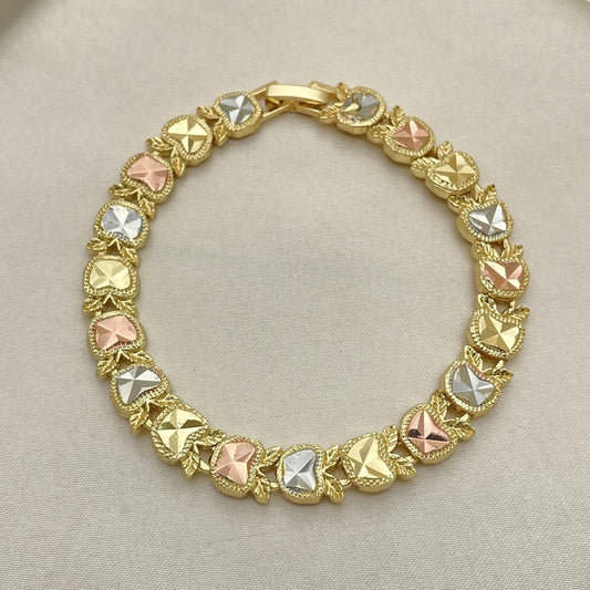 Oro Laminado Fancy Bracelet, Gold Filled Style Apple Design, Diamond Cutting Finish, Tricolor