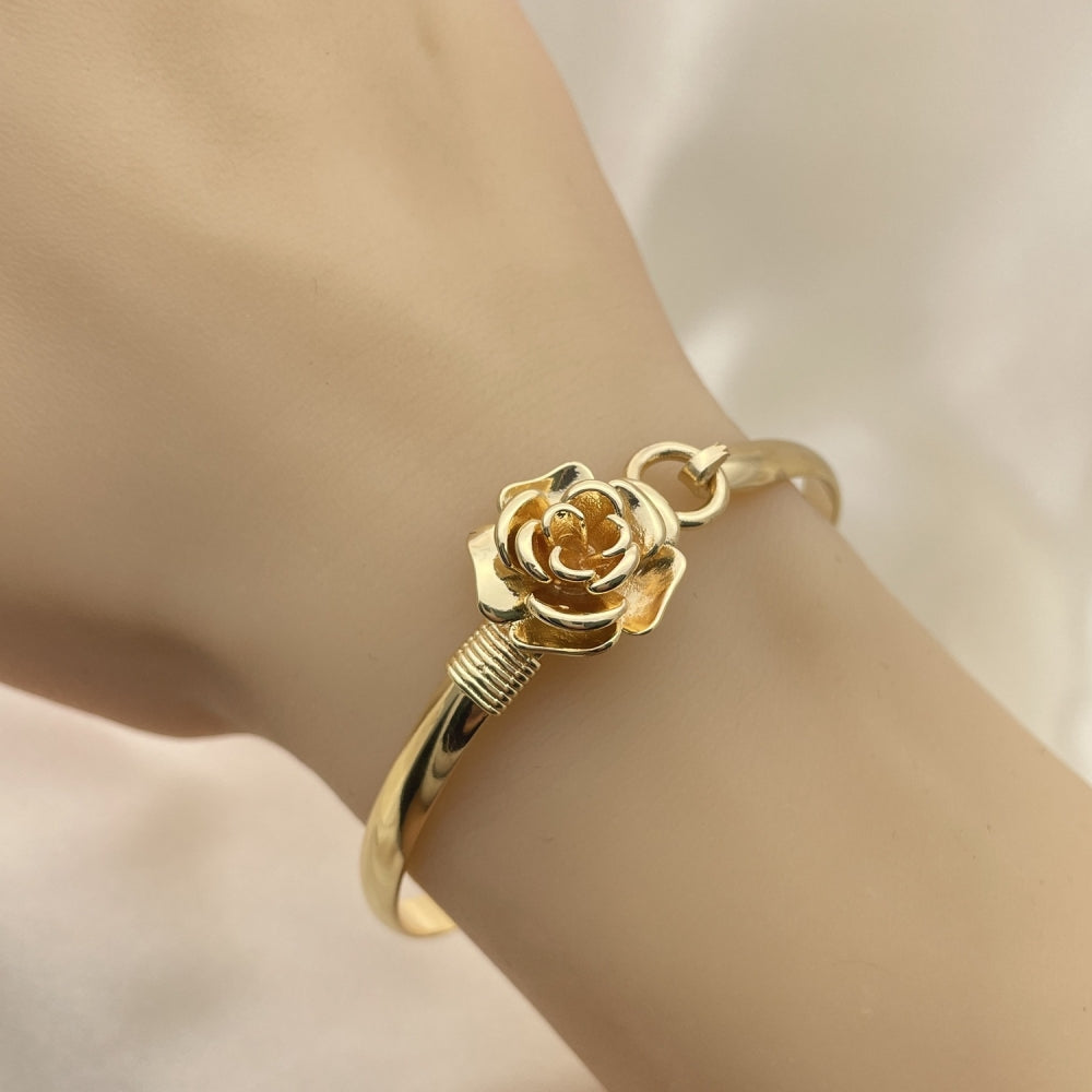 Oro Laminado Individual Bangle, Gold Filled Style Flower Design, Polished, Golden Finish