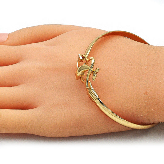 Oro Laminado Individual Bangle, Gold Filled Style Dolphin and Heart Design, Polished, Golden Finish