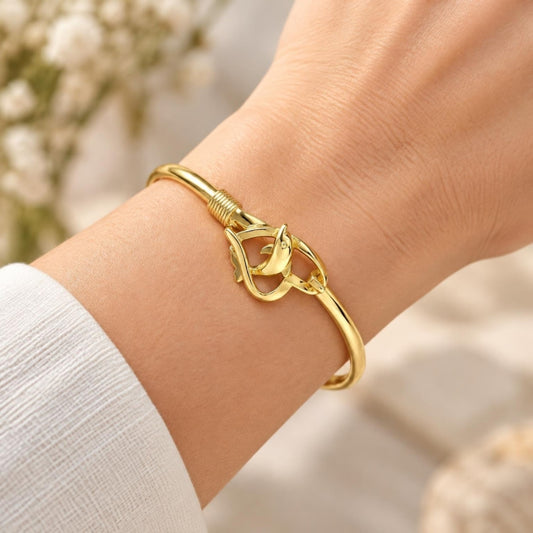 Oro Laminado Individual Bangle, Gold Filled Style Dolphin and Heart Design, Polished, Golden Finish