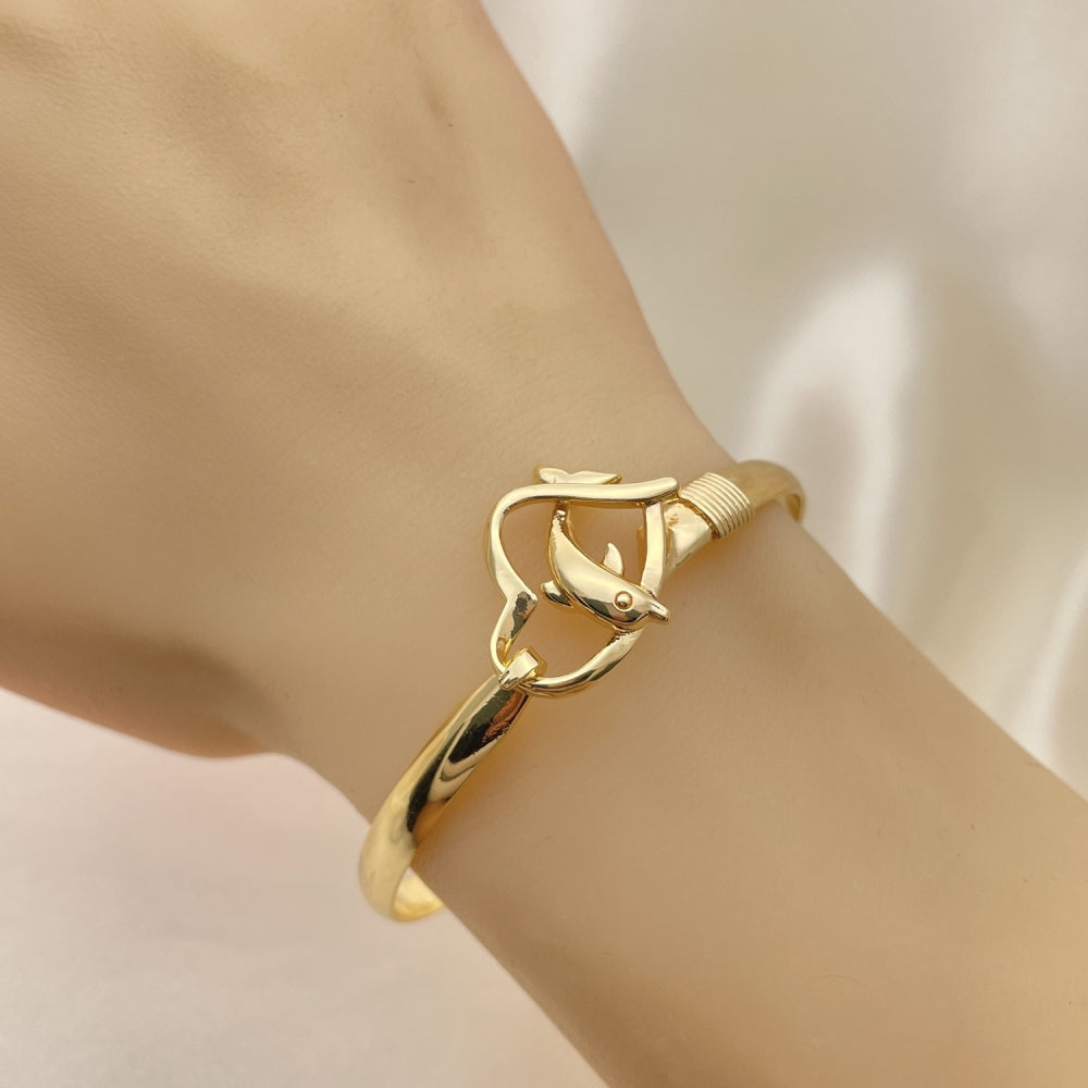 Oro Laminado Individual Bangle, Gold Filled Style Dolphin and Heart Design, Polished, Golden Finish