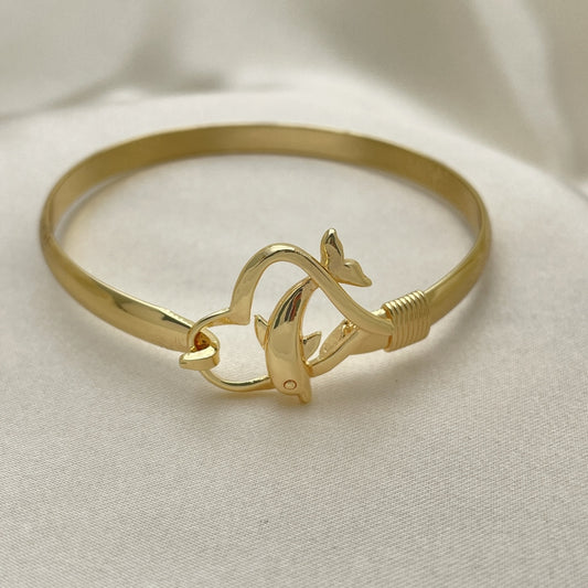 Oro Laminado Individual Bangle, Gold Filled Style Dolphin and Heart Design, Polished, Golden Finish