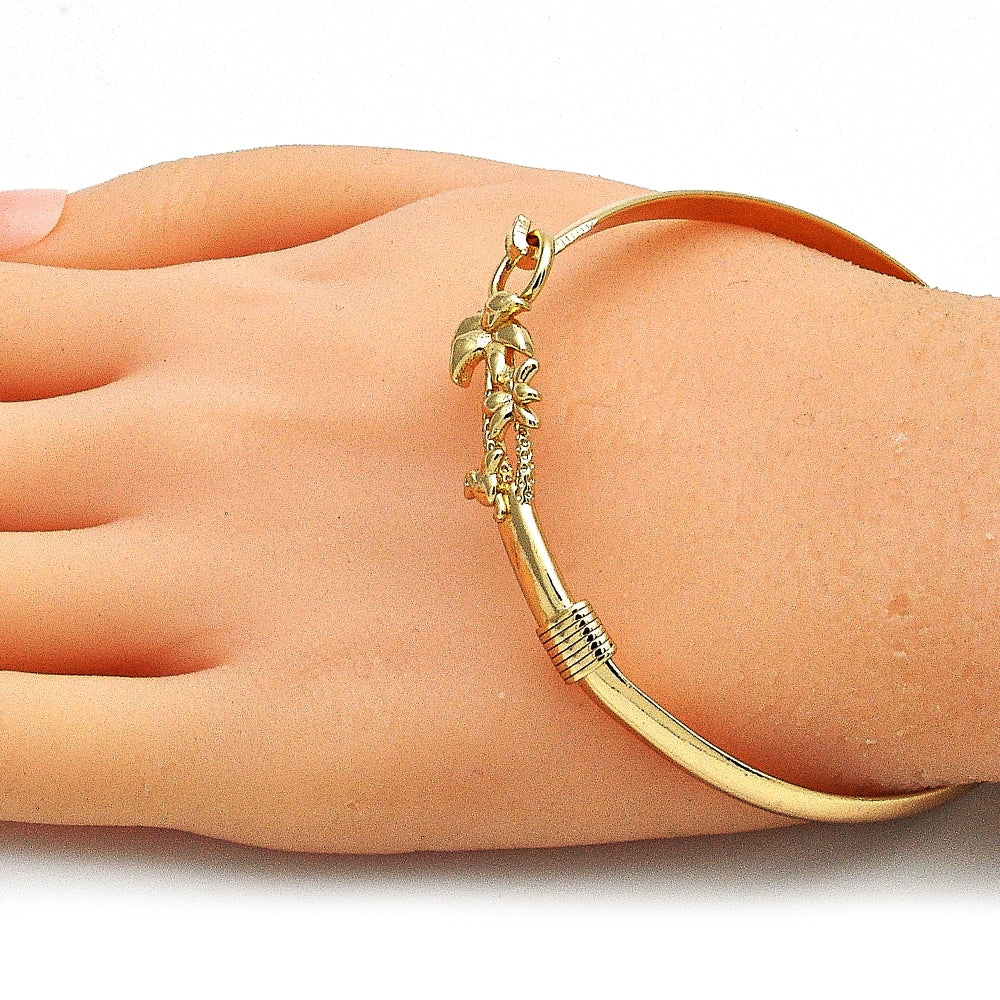 Oro Laminado Individual Bangle, Gold Filled Style Tree and Bird Design, Polished, Golden Finish