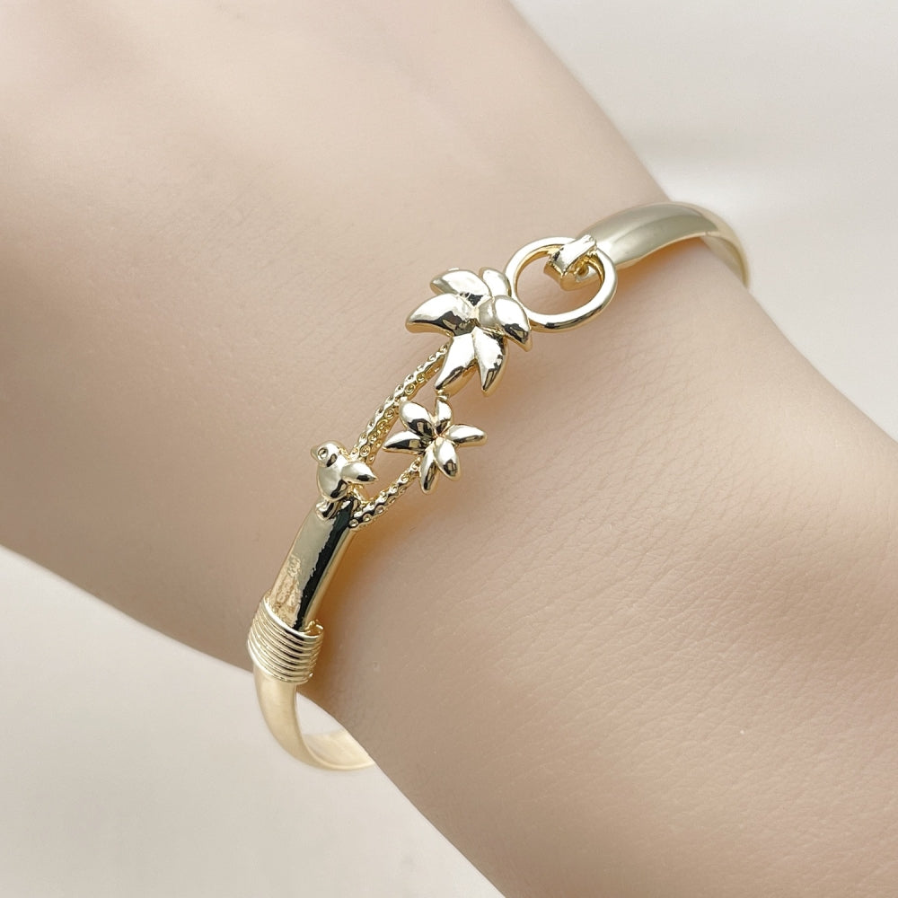 Oro Laminado Individual Bangle, Gold Filled Style Tree and Bird Design, Polished, Golden Finish