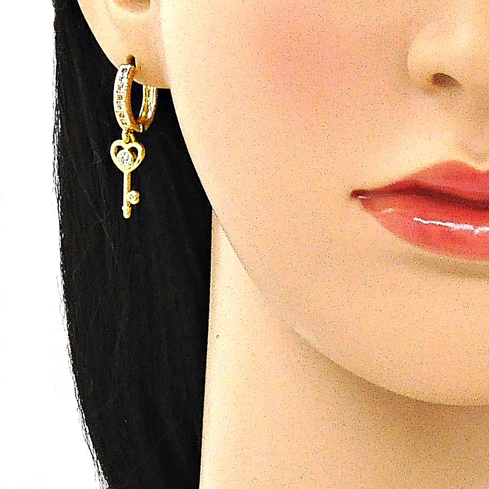 Oro Laminado Huggie Hoop, Gold Filled Style key and Heart Design, with White Cubic Zirconia and White Micro Pave, Polished, Golden Finish