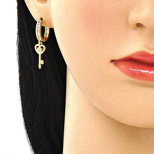 Oro Laminado Huggie Hoop, Gold Filled Style key and Heart Design, with White Cubic Zirconia and White Micro Pave, Polished, Golden Finish