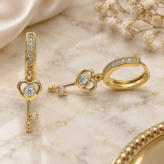 Oro Laminado Huggie Hoop, Gold Filled Style key and Heart Design, with White Cubic Zirconia and White Micro Pave, Polished, Golden Finish