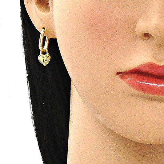 Oro Laminado Huggie Hoop, Gold Filled Style Heart and Lock Design, with White Micro Pave, Polished, Golden Finish