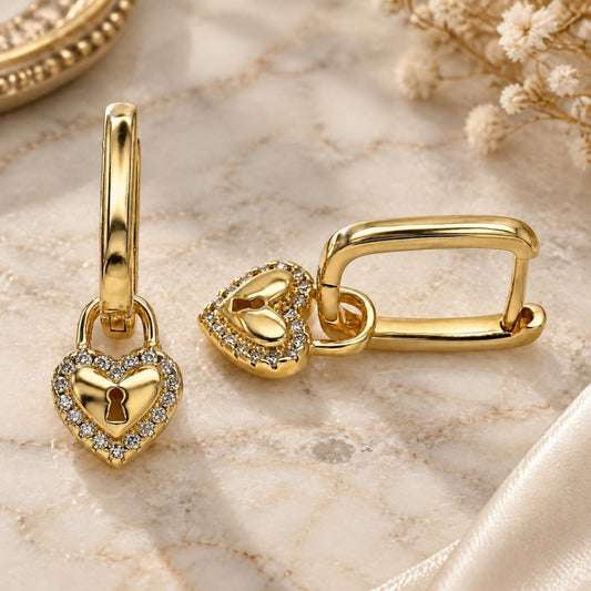 Oro Laminado Huggie Hoop, Gold Filled Style Heart and Lock Design, with White Micro Pave, Polished, Golden Finish