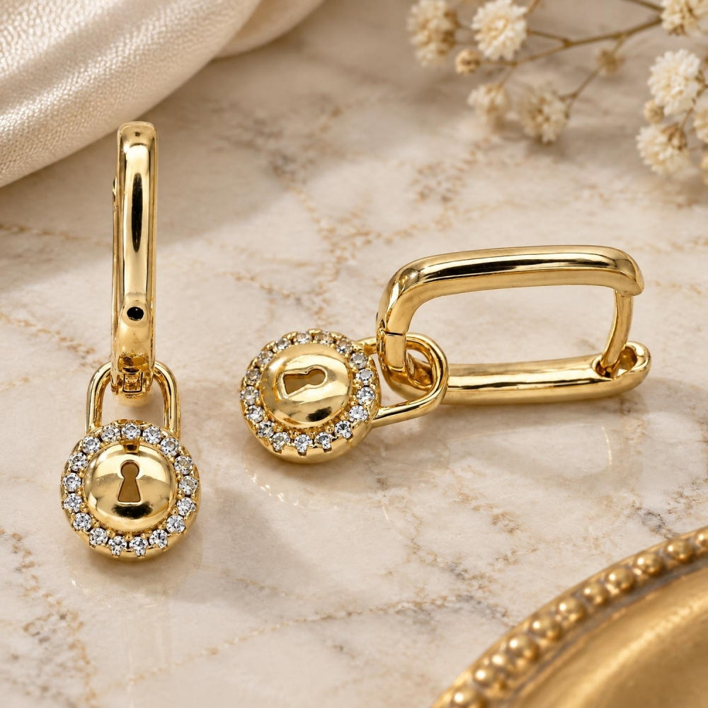 Oro Laminado Huggie Hoop, Gold Filled Style Lock Design, with White Micro Pave, Polished, Golden Finish
