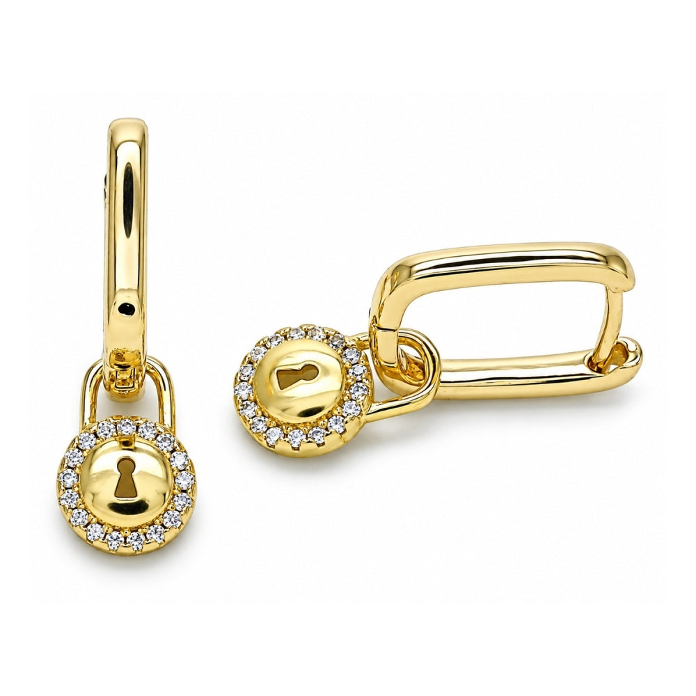 Oro Laminado Huggie Hoop, Gold Filled Style Lock Design, with White Micro Pave, Polished, Golden Finish
