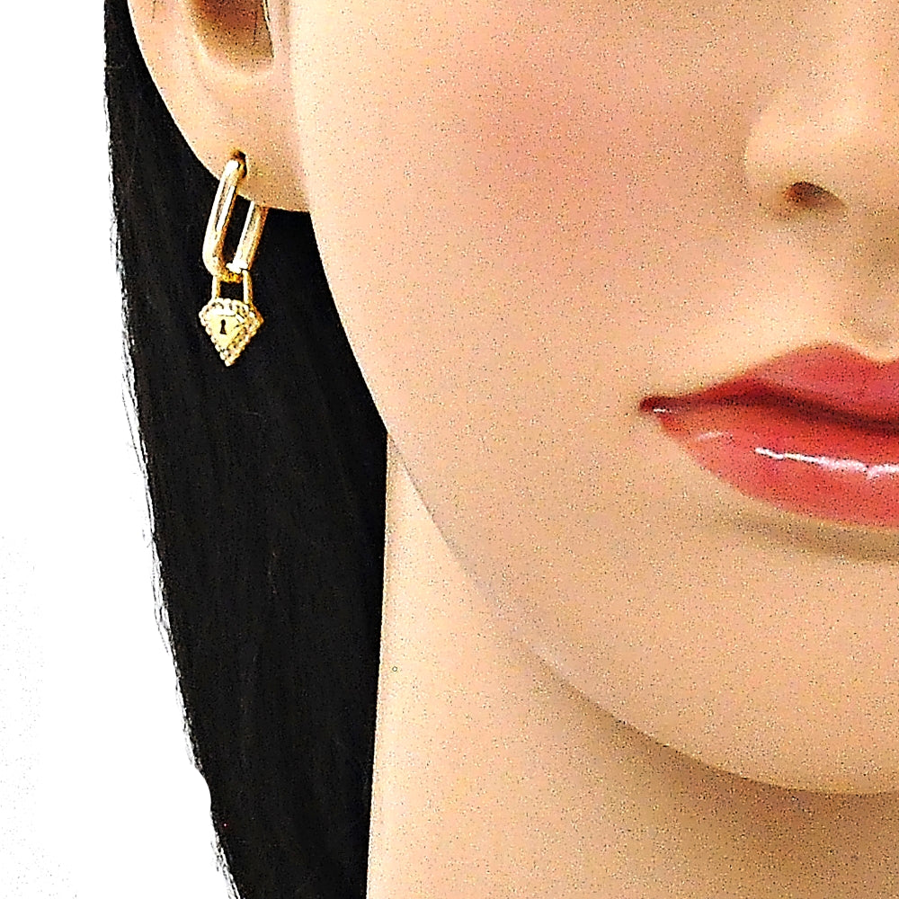 Oro Laminado Huggie Hoop, Gold Filled Style Lock and Diamond Design, with White Micro Pave, Polished, Golden Finish