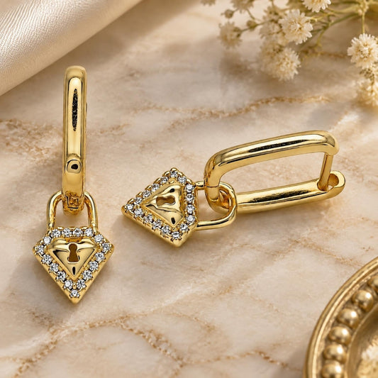 Oro Laminado Huggie Hoop, Gold Filled Style Lock and Diamond Design, with White Micro Pave, Polished, Golden Finish