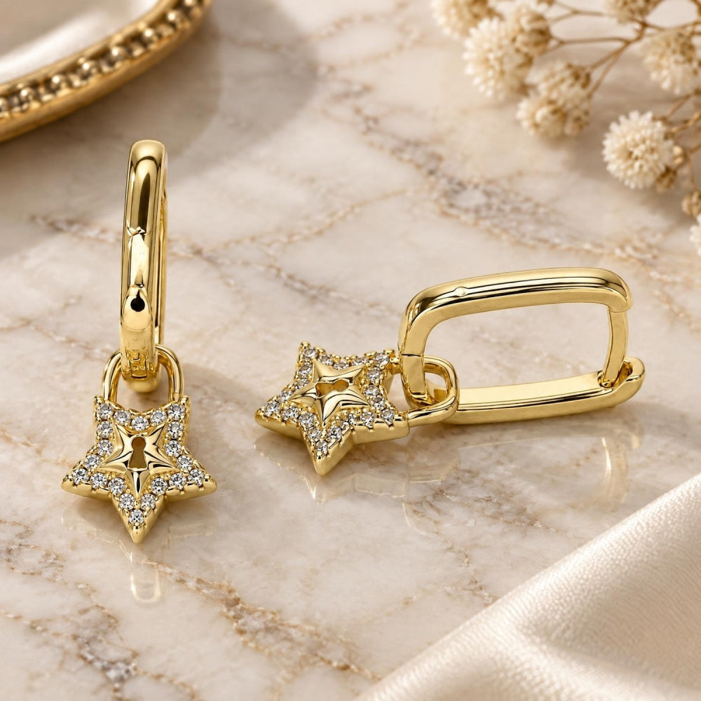 Oro Laminado Huggie Hoop, Gold Filled Style Lock and Star Design, with White Micro Pave, Polished, Golden Finish