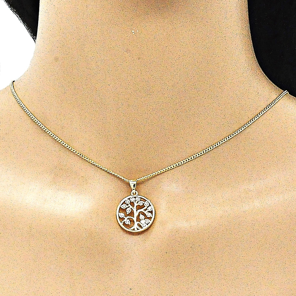 Oro Laminado Pendant Necklace, Gold Filled Style Tree Design, with White Micro Pave, Polished, Golden Finish