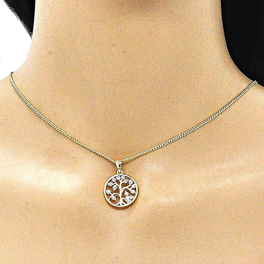 Oro Laminado Pendant Necklace, Gold Filled Style Tree Design, with White Micro Pave, Polished, Golden Finish