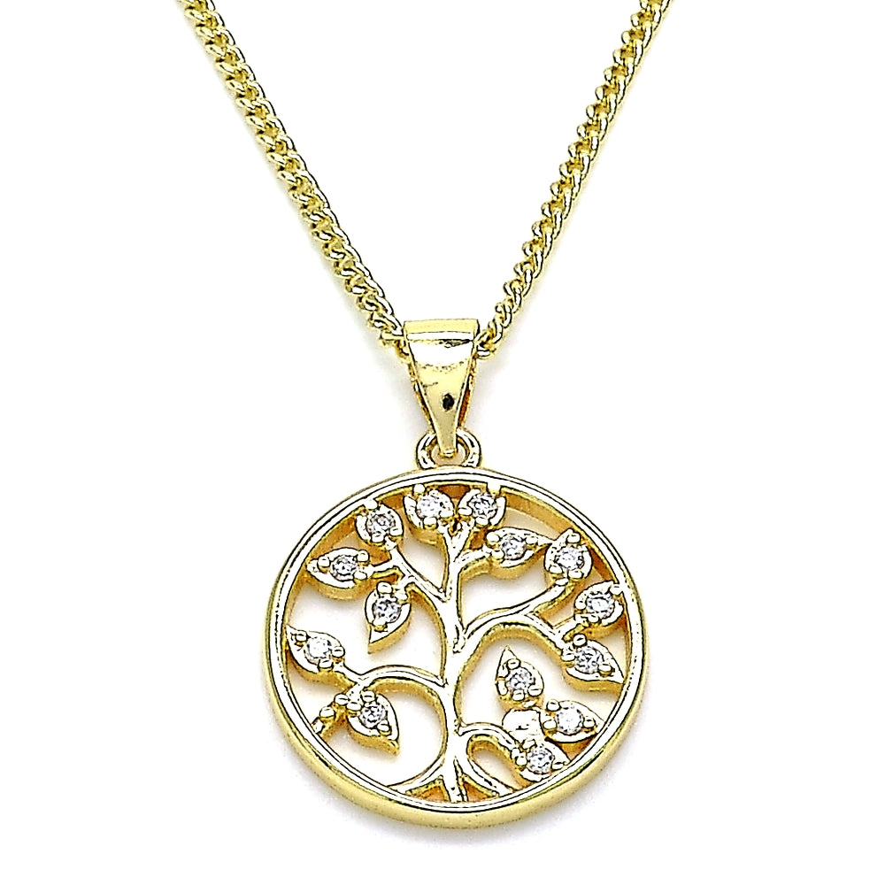Oro Laminado Pendant Necklace, Gold Filled Style Tree Design, with White Micro Pave, Polished, Golden Finish