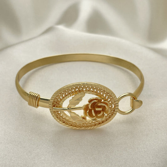 Oro Laminado Individual Bangle, Gold Filled Style Flower Design, Diamond Cutting Finish, Golden Finish
