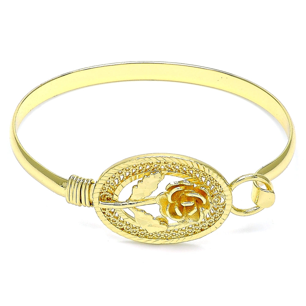 Oro Laminado Individual Bangle, Gold Filled Style Flower Design, Diamond Cutting Finish, Golden Finish