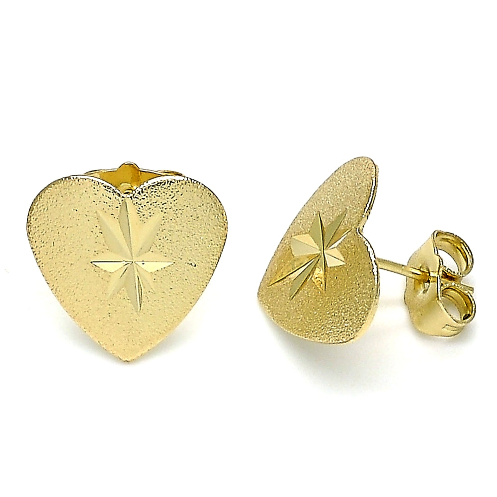 Oro Laminado Stud Earring, Gold Filled Style Heart Design, Diamond Cutting Finish, Golden Finish