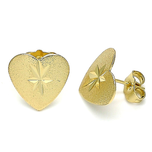 Oro Laminado Stud Earring, Gold Filled Style Heart Design, Diamond Cutting Finish, Golden Finish