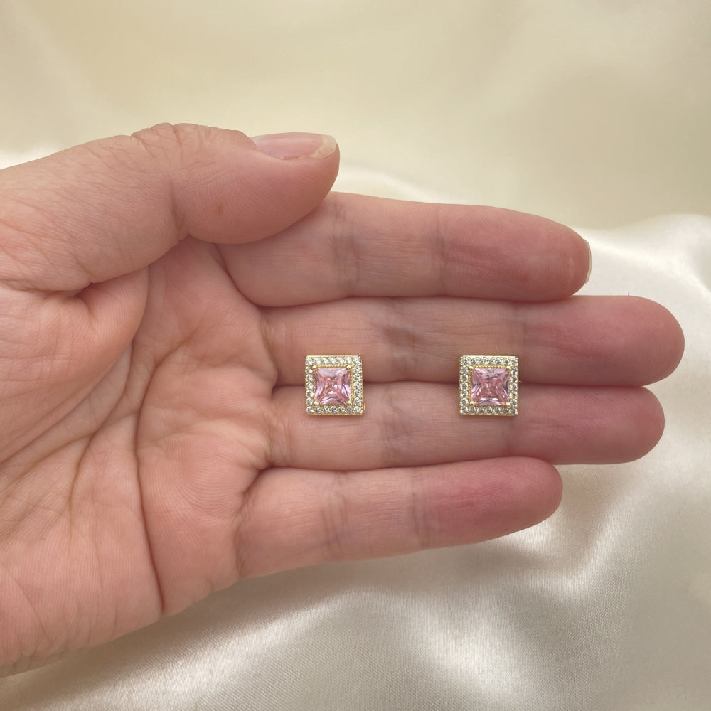 Oro Laminado Stud Earring, Gold Filled Style with Pink Cubic Zirconia and White Micro Pave, Polished, Golden Finish