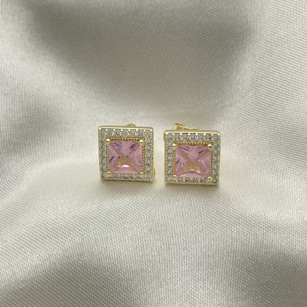 Oro Laminado Stud Earring, Gold Filled Style with Pink Cubic Zirconia and White Micro Pave, Polished, Golden Finish