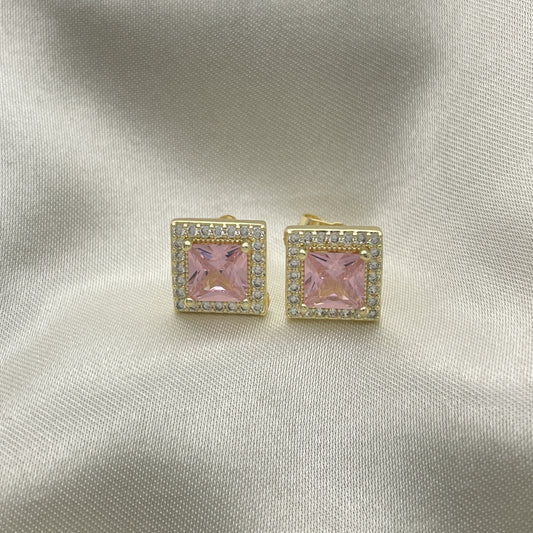Oro Laminado Stud Earring, Gold Filled Style with Pink Cubic Zirconia and White Micro Pave, Polished, Golden Finish