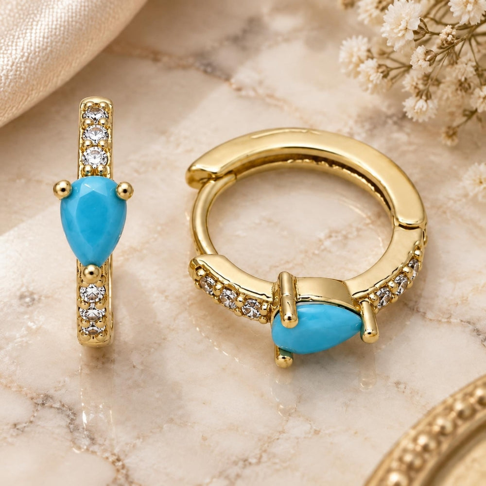 Oro Laminado Huggie Hoop, Gold Filled Style Teardrop Design, with Turquoise Cubic Zirconia and White Micro Pave, Polished, Golden Finish