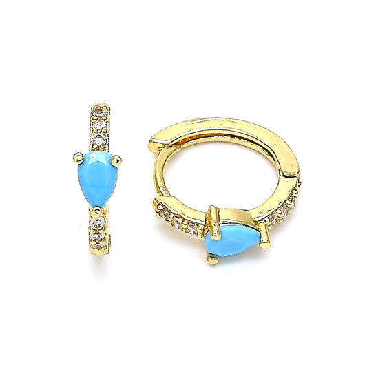 Oro Laminado Huggie Hoop, Gold Filled Style Teardrop Design, with Turquoise Cubic Zirconia and White Micro Pave, Polished, Golden Finish