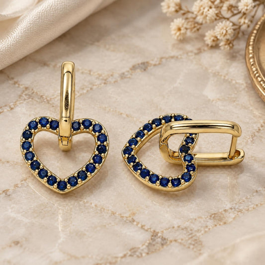 Oro Laminado Huggie Hoop, Gold Filled Style Heart Design, with Sapphire Blue Cubic Zirconia, Polished, Golden Finish