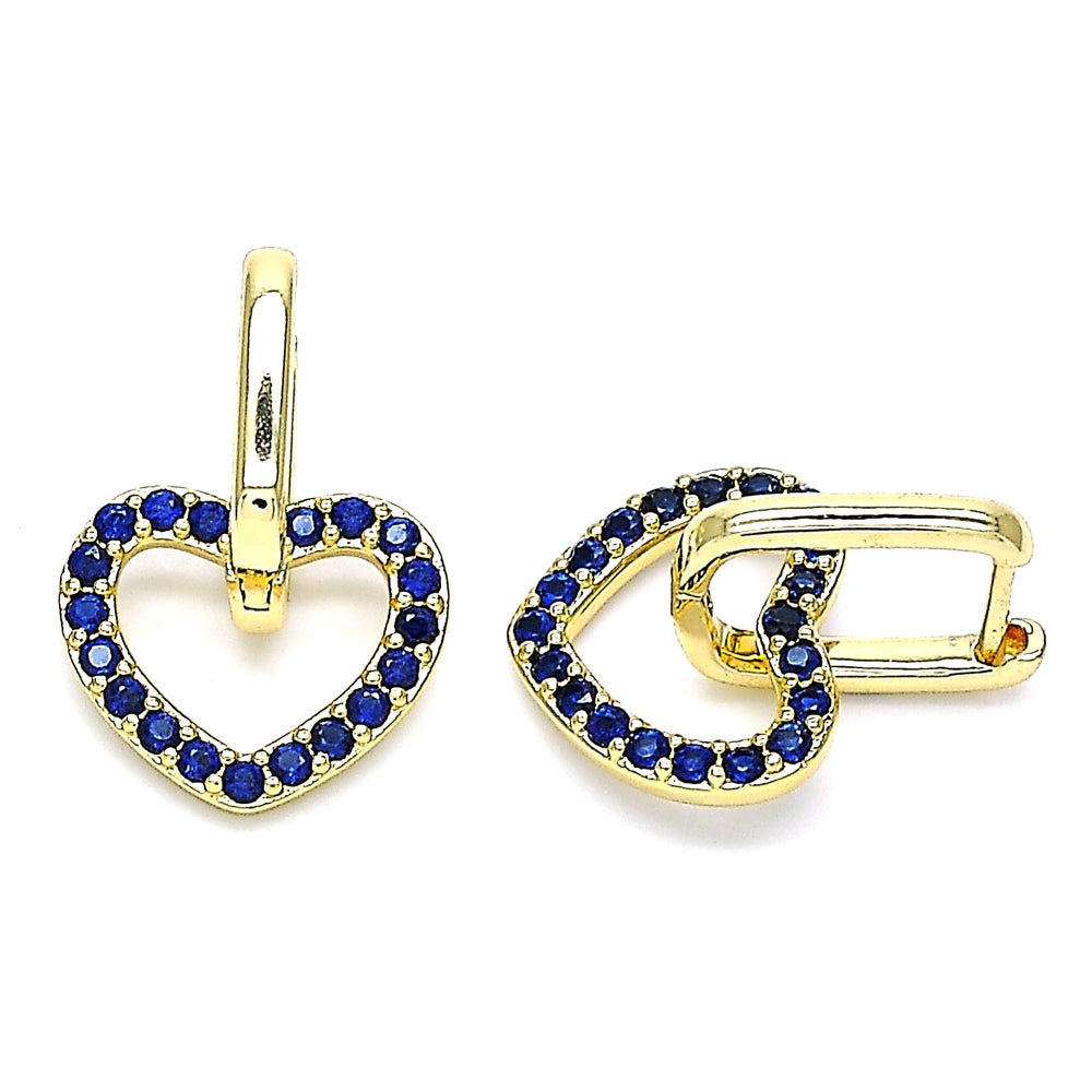 Oro Laminado Huggie Hoop, Gold Filled Style Heart Design, with Sapphire Blue Cubic Zirconia, Polished, Golden Finish