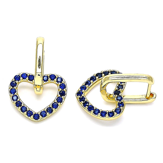 Oro Laminado Huggie Hoop, Gold Filled Style Heart Design, with Sapphire Blue Cubic Zirconia, Polished, Golden Finish