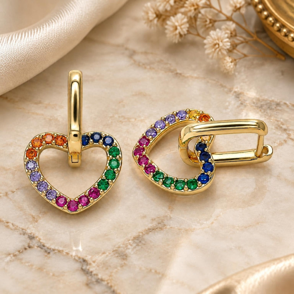 Oro Laminado Huggie Hoop, Gold Filled Style Heart Design, with Multicolor Cubic Zirconia, Polished, Golden Finish