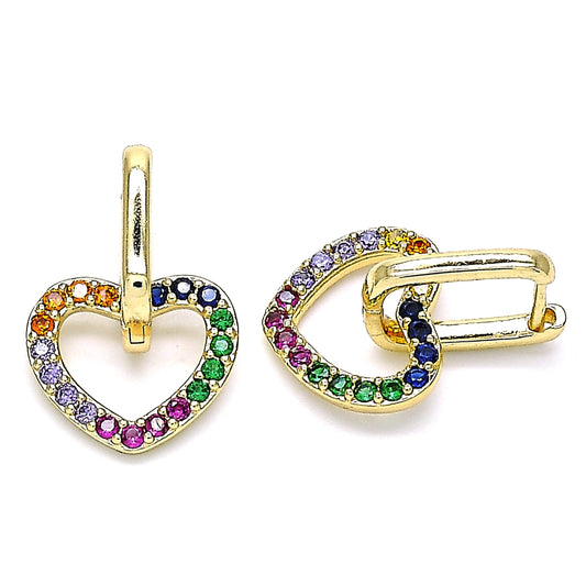 Oro Laminado Huggie Hoop, Gold Filled Style Heart Design, with Multicolor Cubic Zirconia, Polished, Golden Finish
