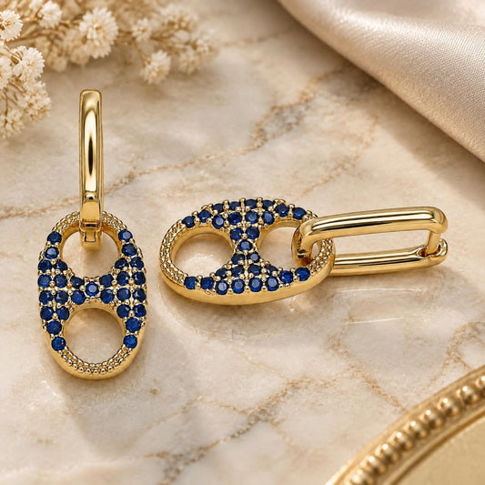 Oro Laminado Huggie Hoop, Gold Filled Style Puff Mariner Design, with Sapphire Blue Cubic Zirconia, Polished, Golden Finish