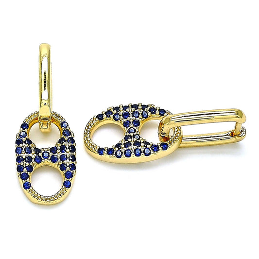 Oro Laminado Huggie Hoop, Gold Filled Style Puff Mariner Design, with Sapphire Blue Cubic Zirconia, Polished, Golden Finish