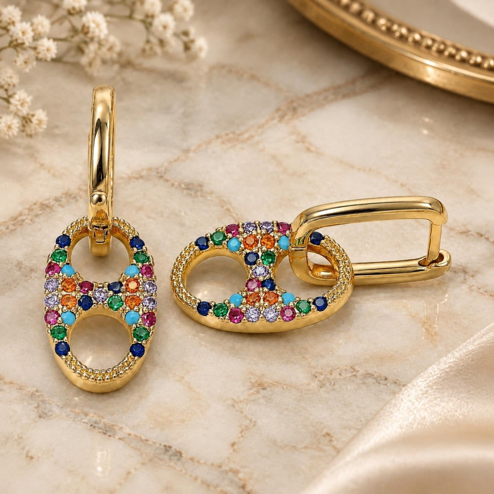 Oro Laminado Huggie Hoop, Gold Filled Style Puff Mariner Design, with Multicolor Cubic Zirconia, Polished, Golden Finish