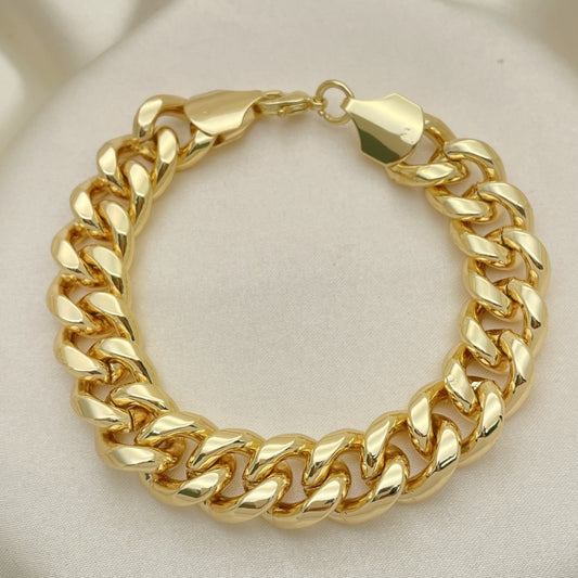 Oro Laminado Basic Bracelet, Gold Filled Style Miami Cuban Design, Polished, Golden Finish