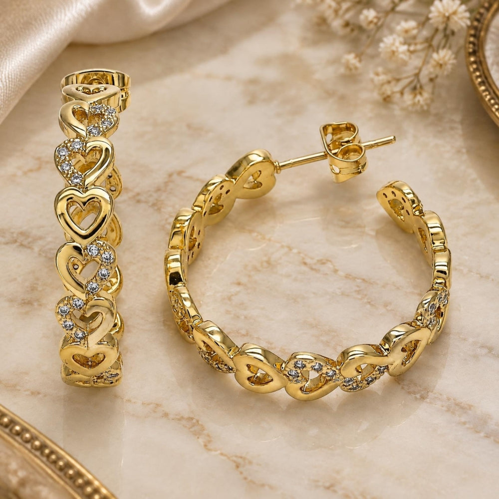 Oro Laminado Stud Earring, Gold Filled Style Heart Design, with White Micro Pave, Polished, Golden Finish