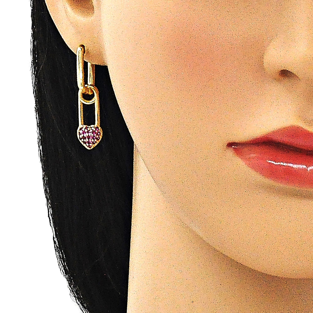 Oro Laminado Huggie Hoop, Gold Filled Style Paperclip and Heart Design, with Ruby Cubic Zirconia, Polished, Golden Finish