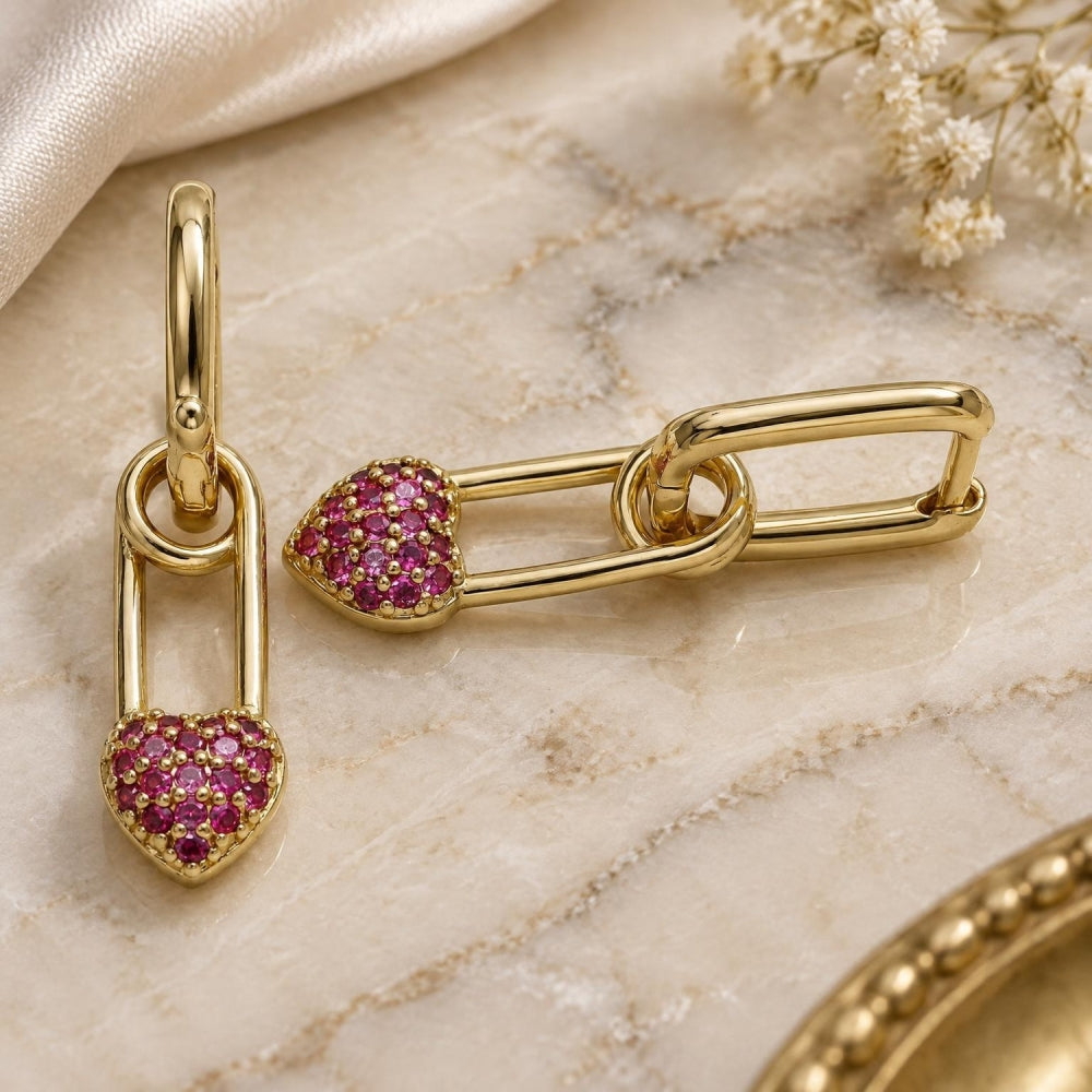 Oro Laminado Huggie Hoop, Gold Filled Style Paperclip and Heart Design, with Ruby Cubic Zirconia, Polished, Golden Finish