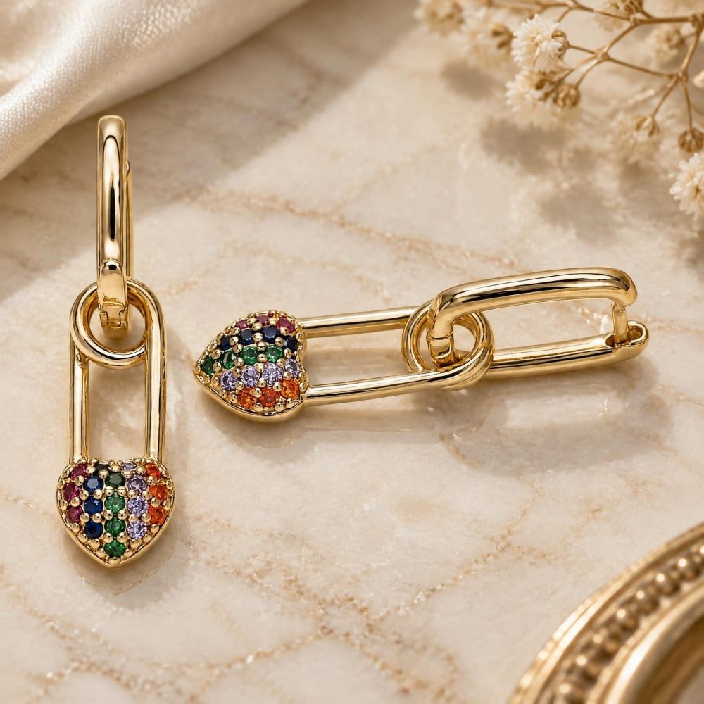 Oro Laminado Huggie Hoop, Gold Filled Style Paperclip and Heart Design, with Multicolor Cubic Zirconia, Polished, Golden Finish