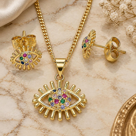 Oro Laminado Earring and Pendant Adult Set, Gold Filled Style Evil Eye Design, with Multicolor Micro Pave, Polished, Golden Finish
