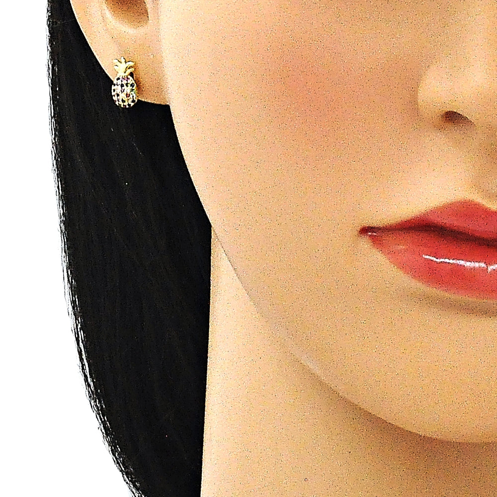 Oro Laminado Stud Earring, Gold Filled Style Pineapple Design, with Multicolor Micro Pave, Polished, Golden Finish