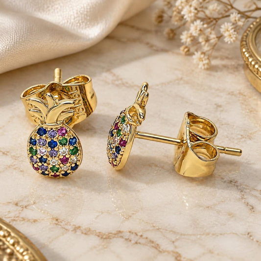 Oro Laminado Stud Earring, Gold Filled Style Pineapple Design, with Multicolor Micro Pave, Polished, Golden Finish