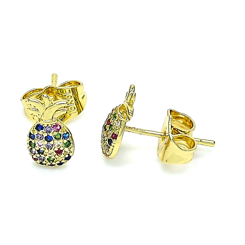 Oro Laminado Stud Earring, Gold Filled Style Pineapple Design, with Multicolor Micro Pave, Polished, Golden Finish