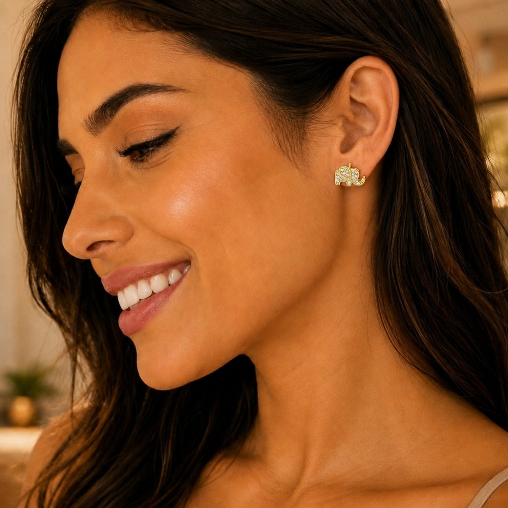 Oro Laminado Stud Earring, Gold Filled Style Elephant Design, with White Micro Pave, Polished, Golden Finish