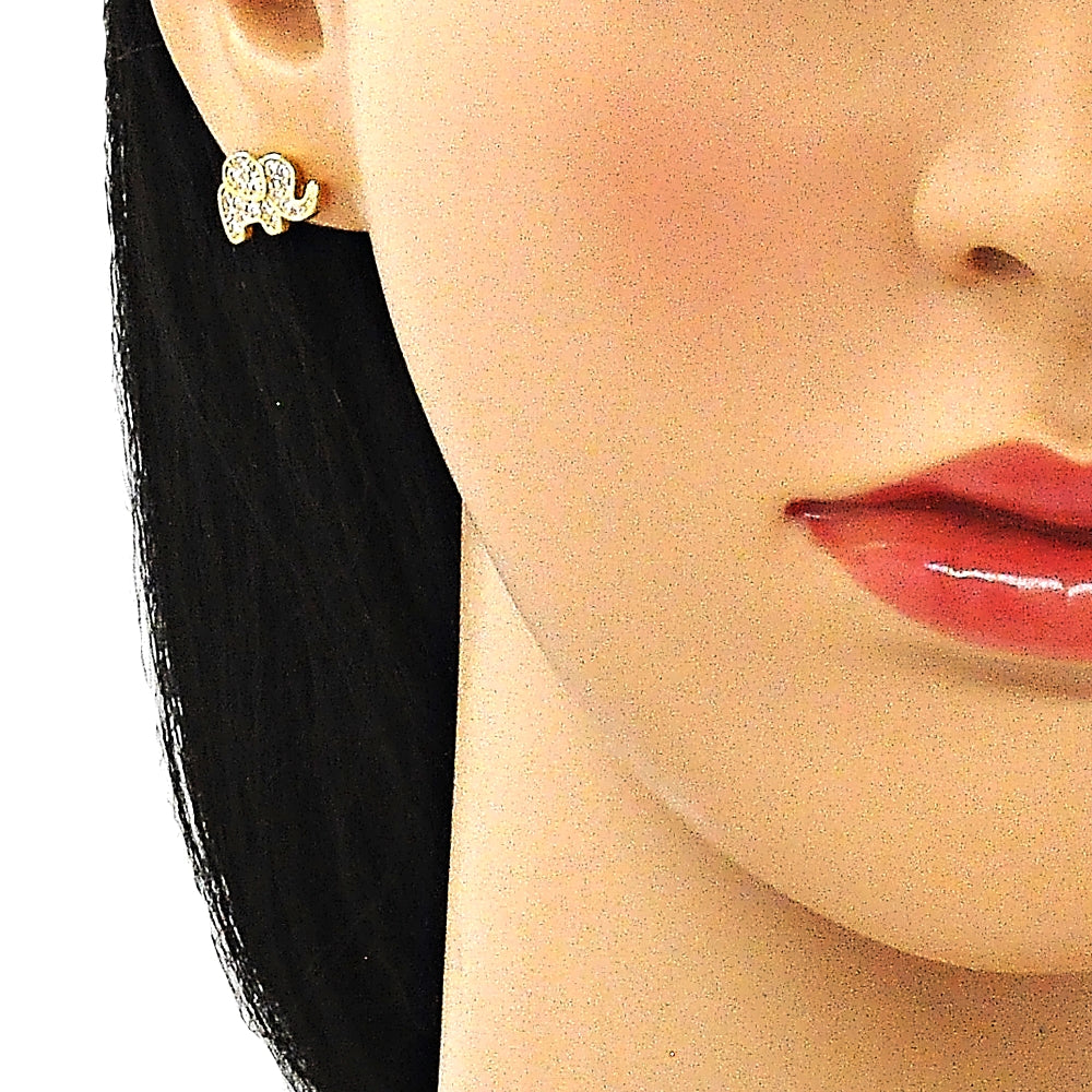 Oro Laminado Stud Earring, Gold Filled Style Elephant Design, with White Micro Pave, Polished, Golden Finish